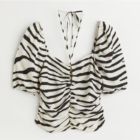 H&M Cream & Black Animal Zebra Cropped Blouse Tie Neck Ruched Women's XL‎ NWT - Picture 1 of 10